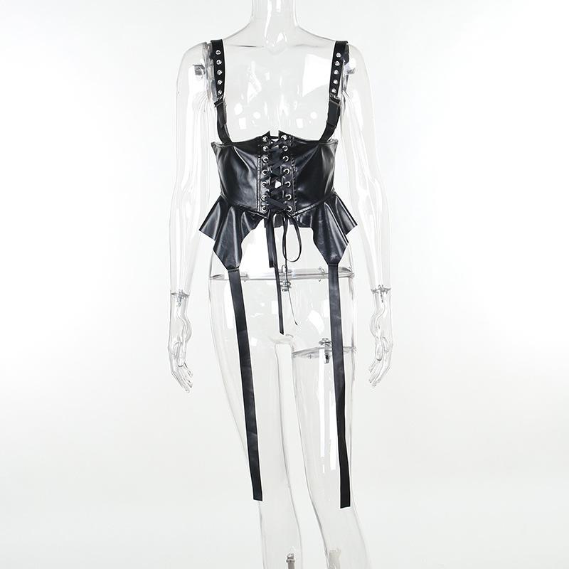 Pu leather lace up ruffle buckle cami top