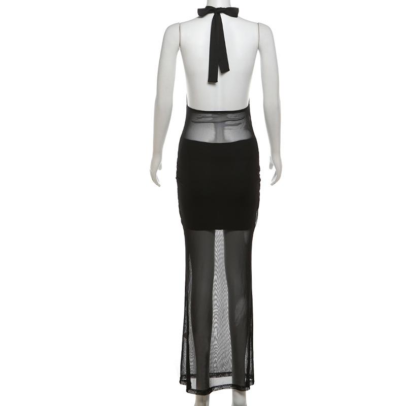 Halter hollow out mesh patchwork maxi dress