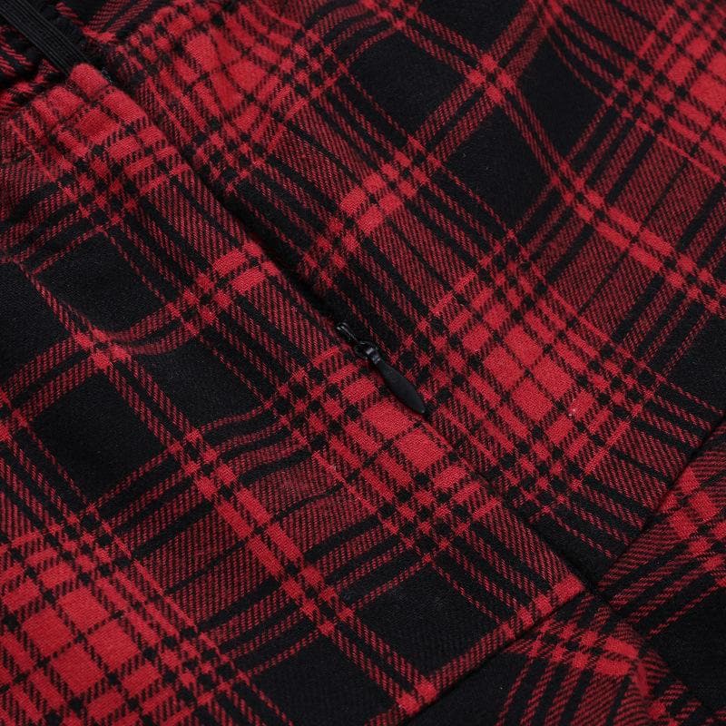 Zip-up halter contrast irregular plaid backless mini dress  | red tango dress
