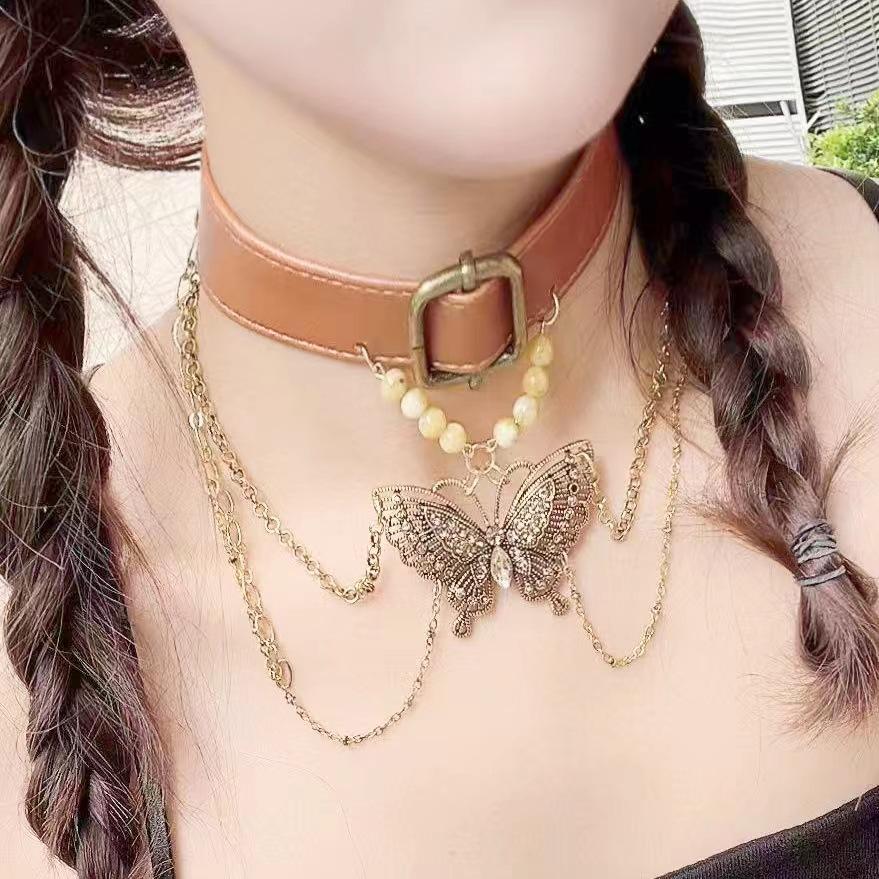 PU leather buckle butterfly pendant beaded choker necklace