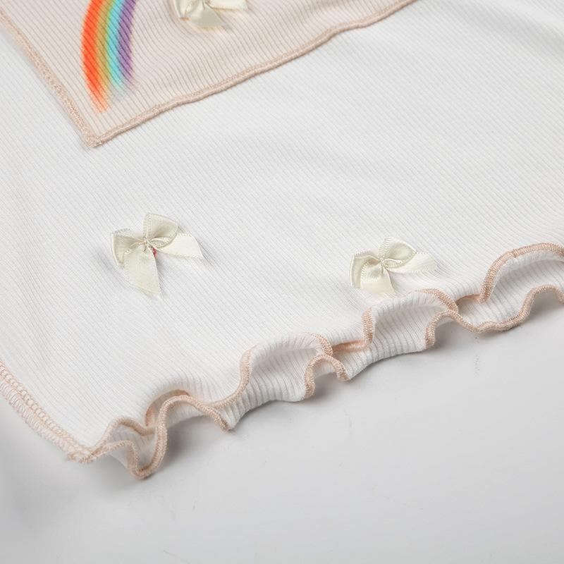 Short sleeve ruffle rainbow print bowknot crop top