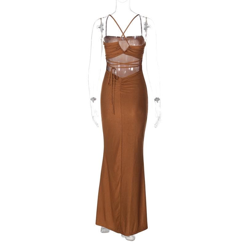 Hollow out ruched cross back cami cut out maxi dress  | red tango dress  | black rave dress