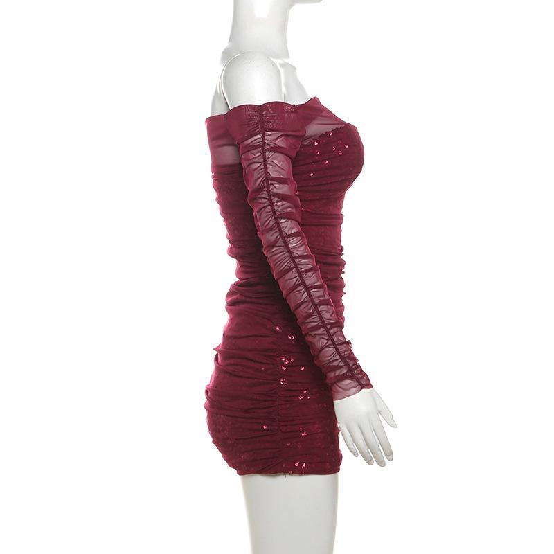 Off shoulder glitter long sleeve mesh ruched mini dress