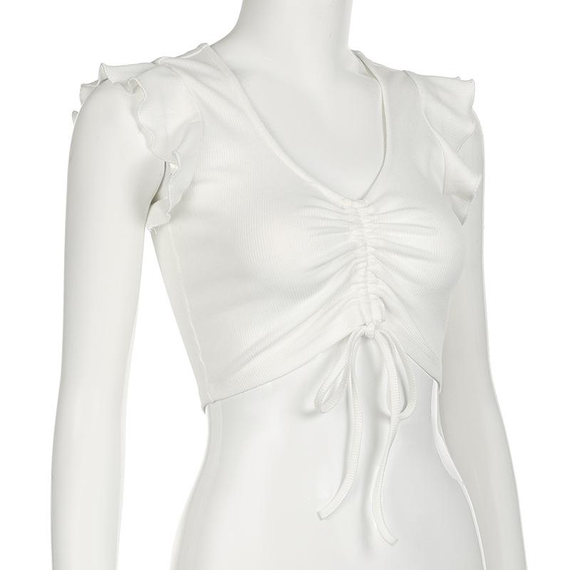 Cap sleeve drawstring ruched ribbed crop top