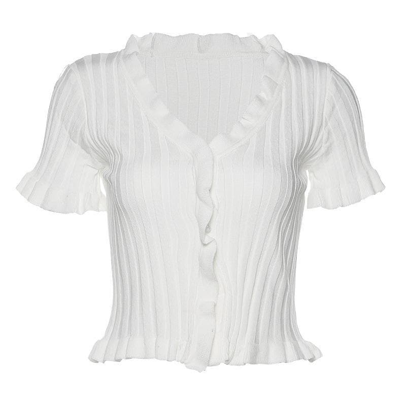 Short sleeve ribbed ruffled buttoned crop top