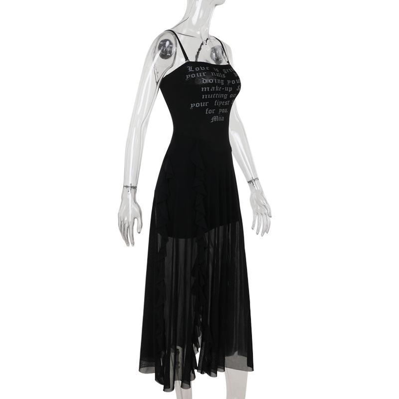 Mesh slit letter print ruffle cami maxi dress
