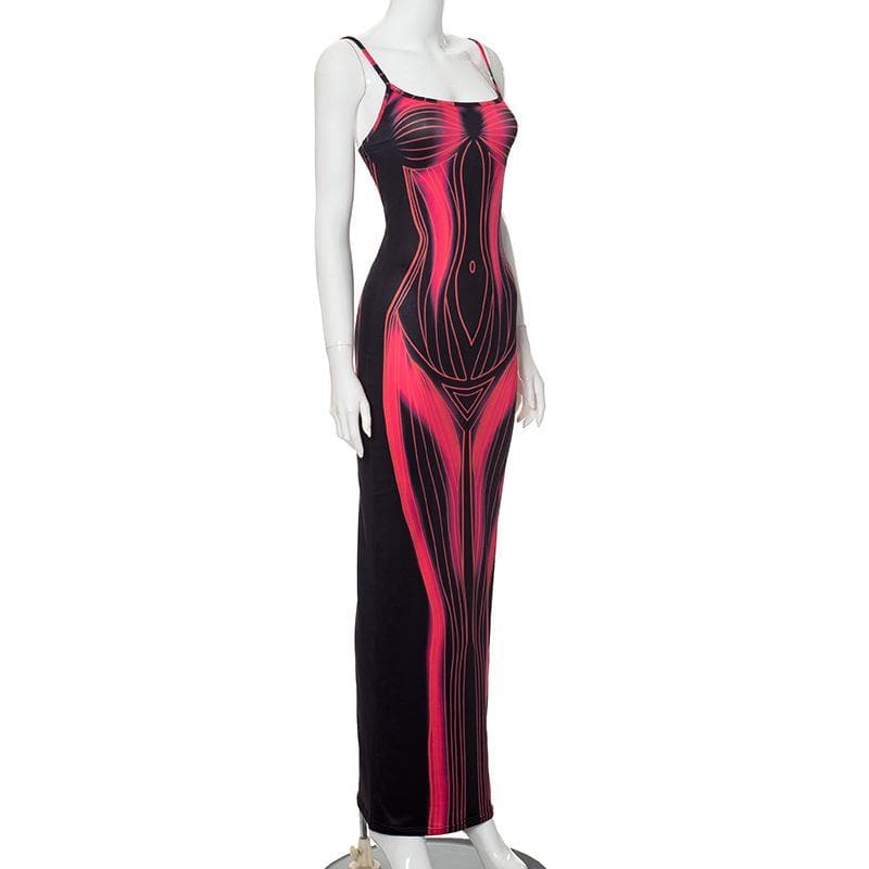 Body print contrast square neck backless cami maxi dress  | red tango dress