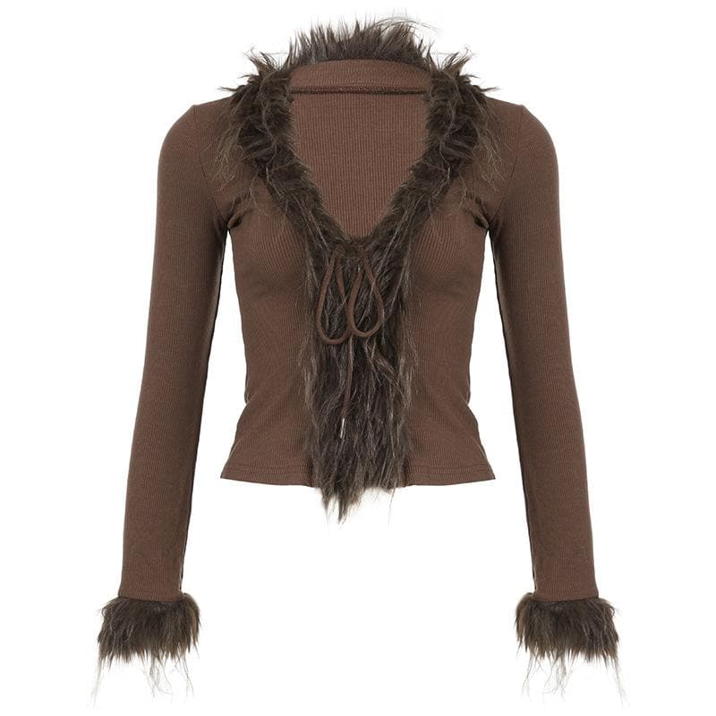 Long sleeve v neck furry ribbed self tie solid top