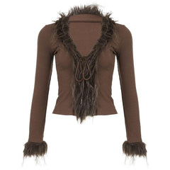Long sleeve v neck furry ribbed self tie solid top