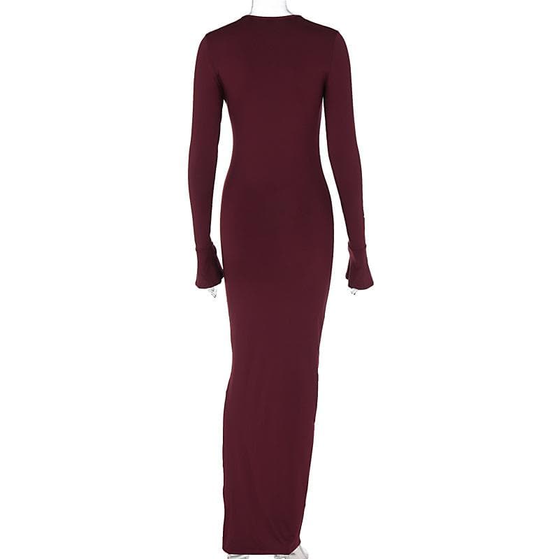 Long flared sleeve ruched solid maxi dress