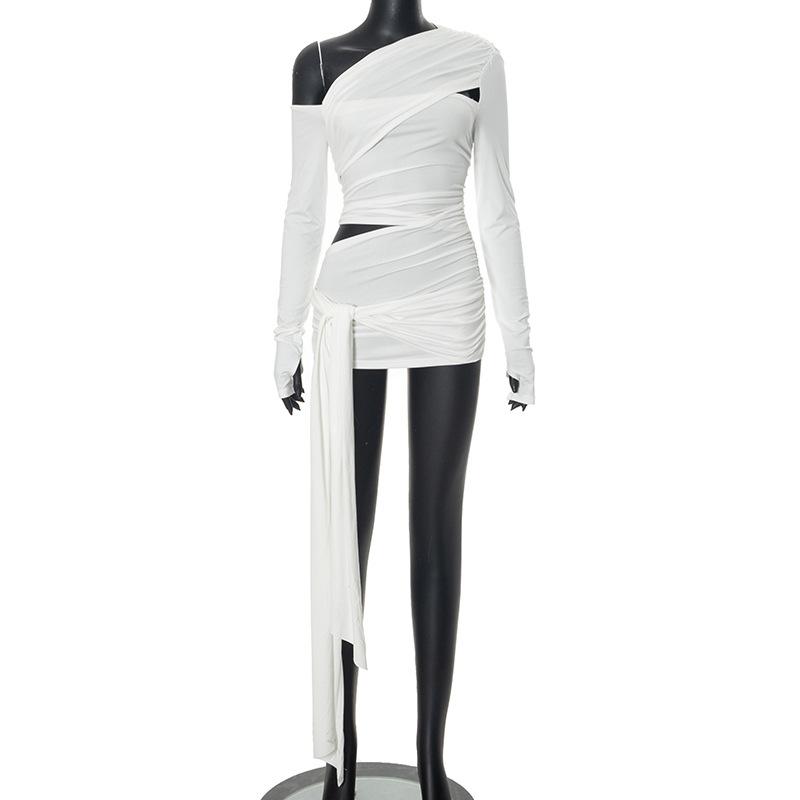 One shoulder long sleeve ruched hollow out knotted top