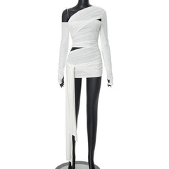One shoulder long sleeve ruched hollow out knotted top