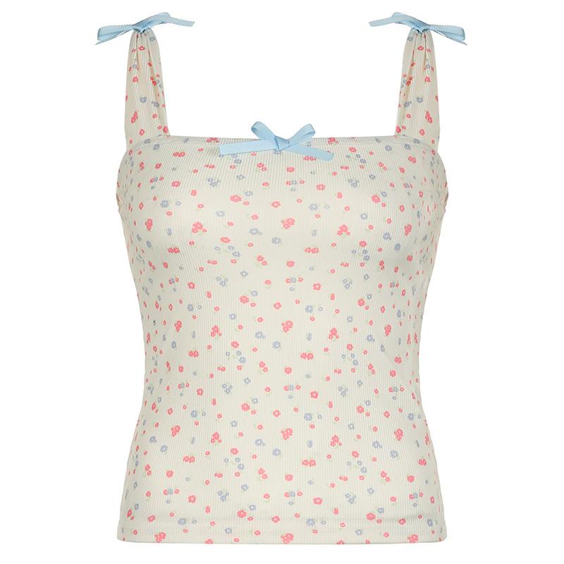 Square neck bowknot ribbed print cami top