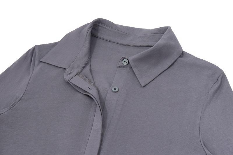 Turnover collar long sleeve button ruched mini dress