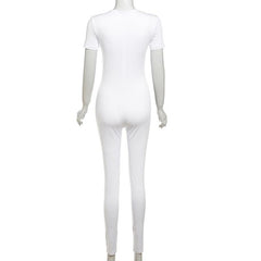Short sleeve crewneck body print zip-up jumpsuit