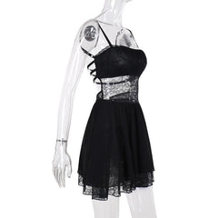 Patchwork lace ruched backless cami mini dress