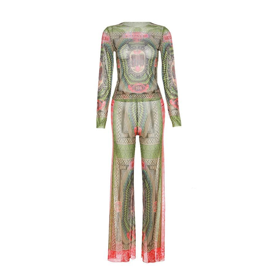 Long sleeve contrast sheer mesh see through pant set