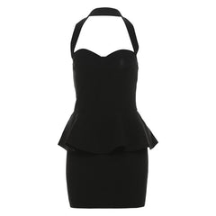 Halter ruffle v neck zip-up backless solid mini dress