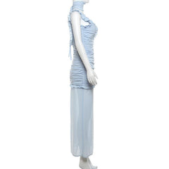 Ruched v neck backless ruffle 2 piece maxi dress