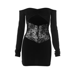Off shoulder long sleeve hollow out lace mini dress