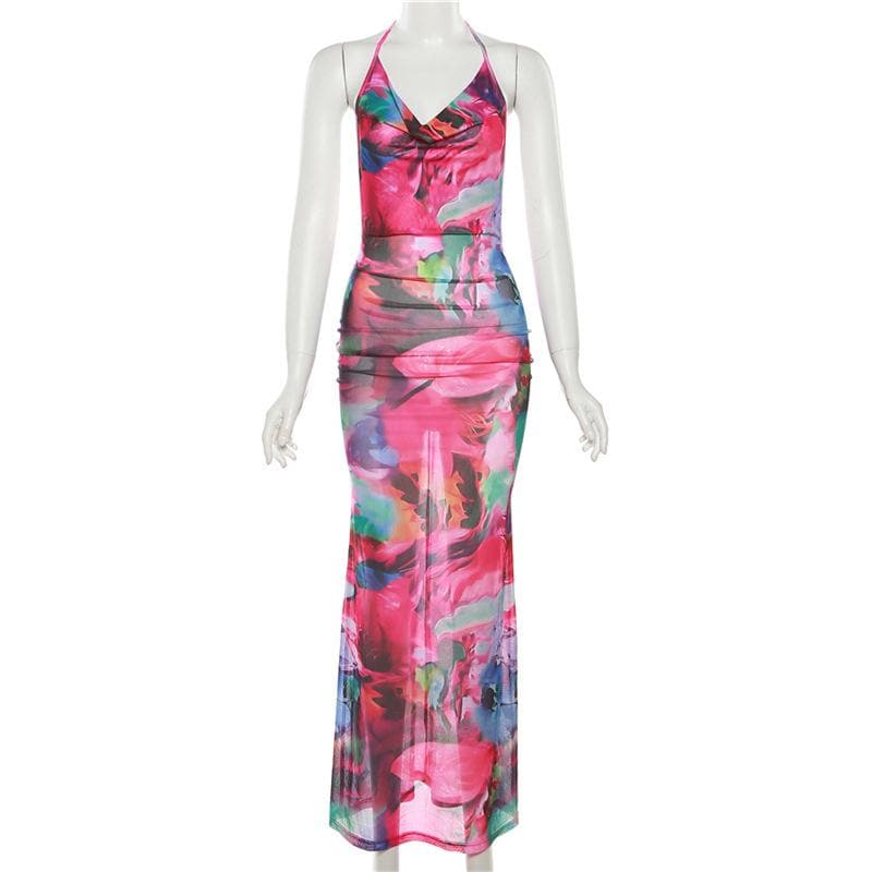 Ruched halter sheer mesh see through backless cowl neck contrast maxi dress  | samba dress