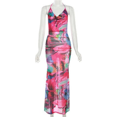 Ruched halter sheer mesh see through backless cowl neck contrast maxi dress  | samba dress