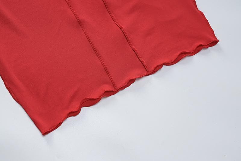 Long sleeve solid feather ruffle high neck backless midi dress  | red tango dress