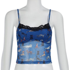 Lace hem print backless cami top