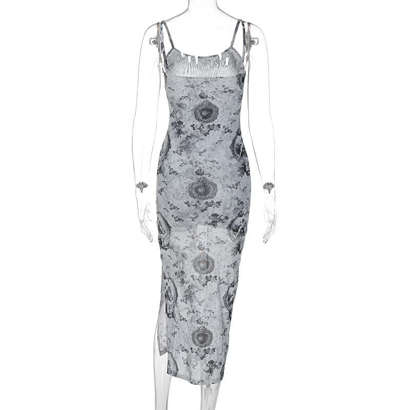 Slit contrast print sheer mesh see through u neck cami midi dress  | samba dress