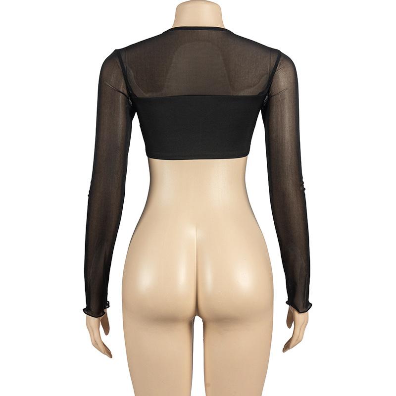 Long sleeve crewneck mesh ruched crop top