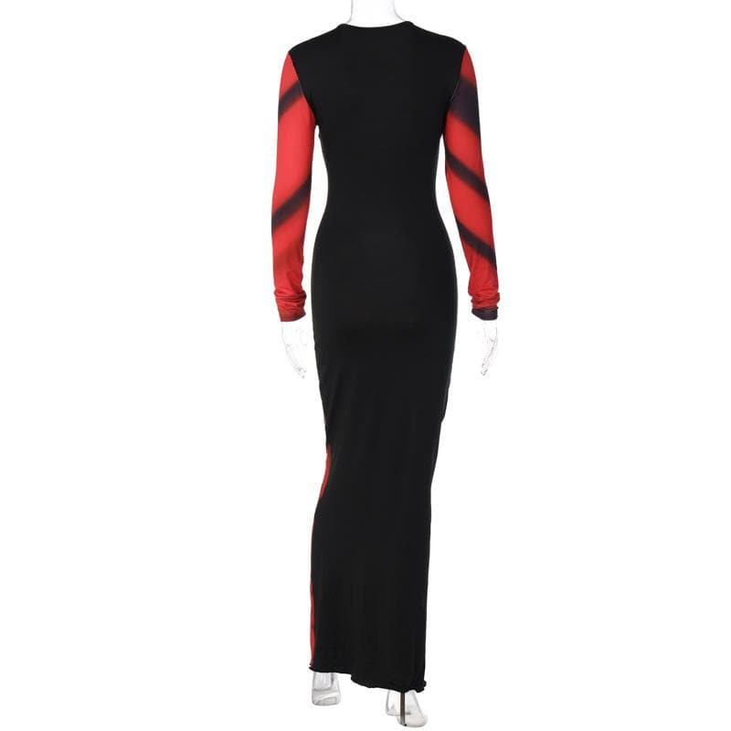 Abstract contrast long sleeve crewneck maxi dress  | red tango dress