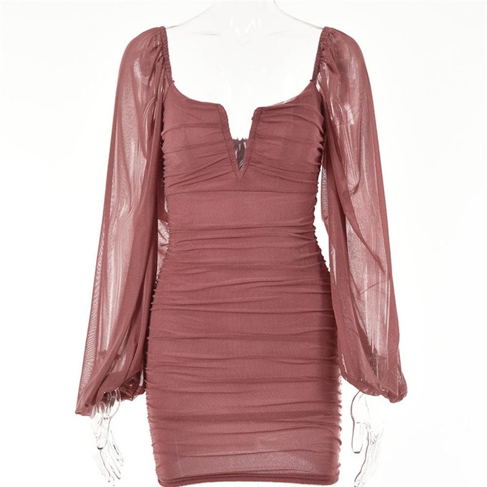 Mesh solid long sleeve ruched notch neck zip-up mini dress  | red tango dress