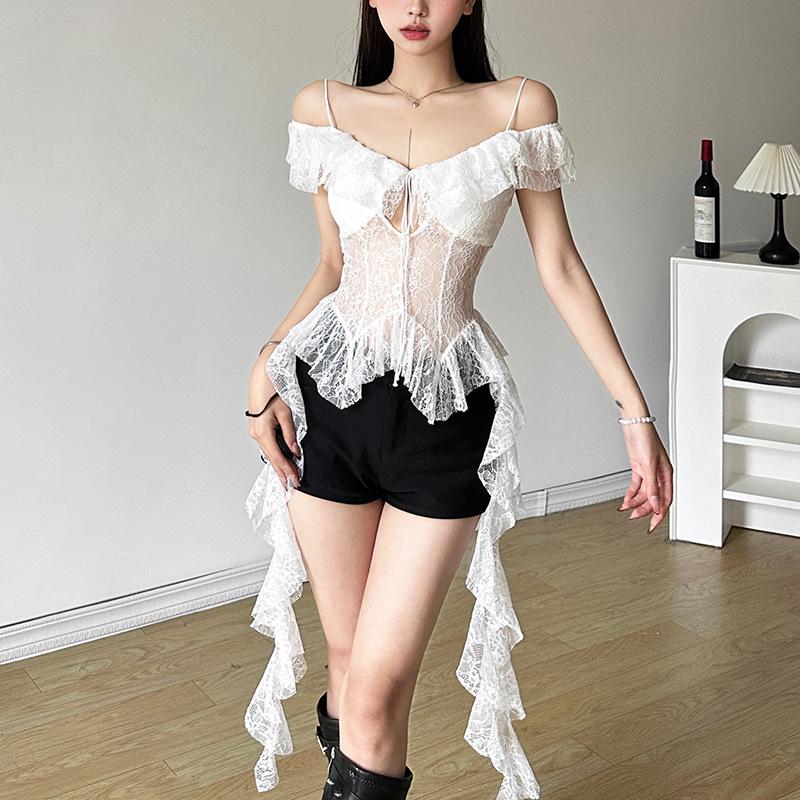 Off shoulder lace ruffle hollow out top