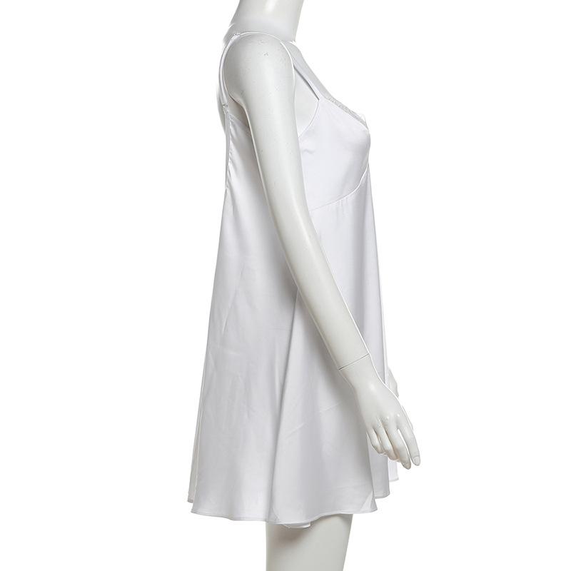 Lace hem backless solid cami mini dress