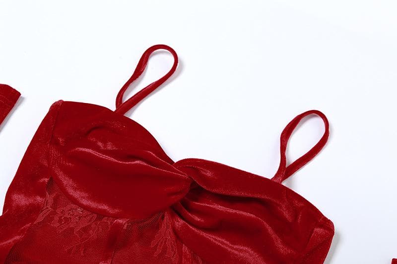 Velvet gloves ruched mesh backless cami mini dress  | red tango dress
