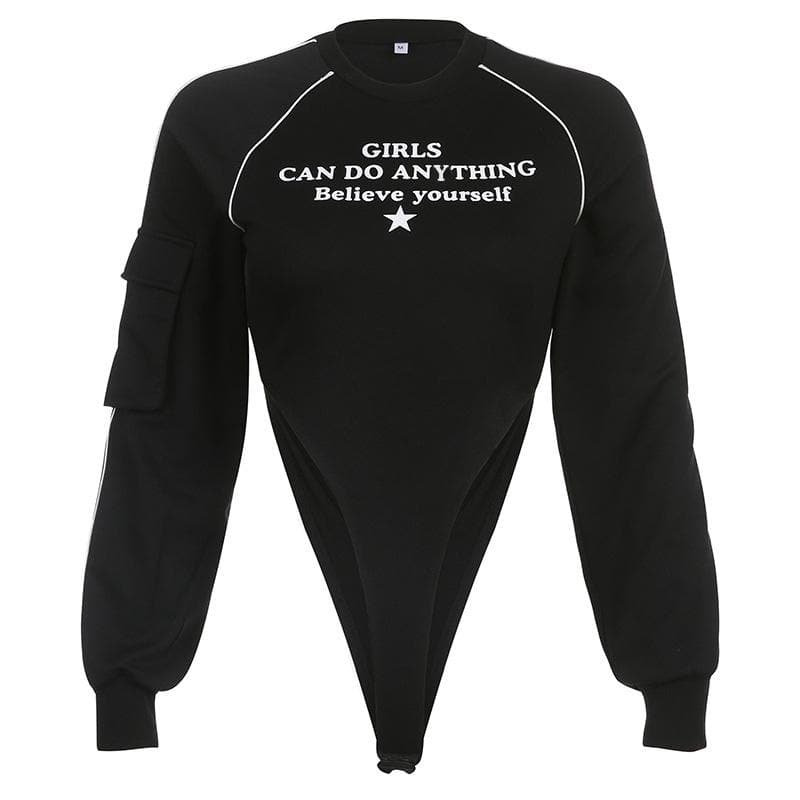 Pocket letter print long sleeve crewneck contrast bodysuit