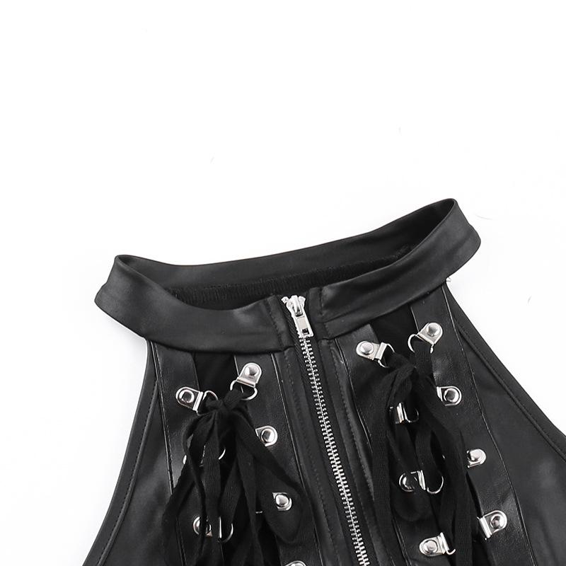 Sleeveless crewneck PU leather lace up zip-up crop top