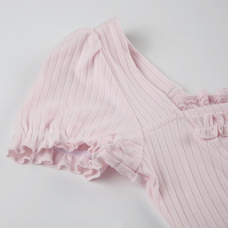 Short puff sleeve ribbed bowknot ruffle top