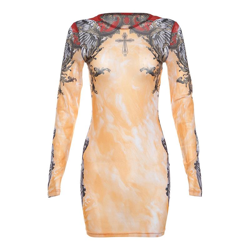 Long sleeve crewneck print sheer mesh mini dress  | samba dress