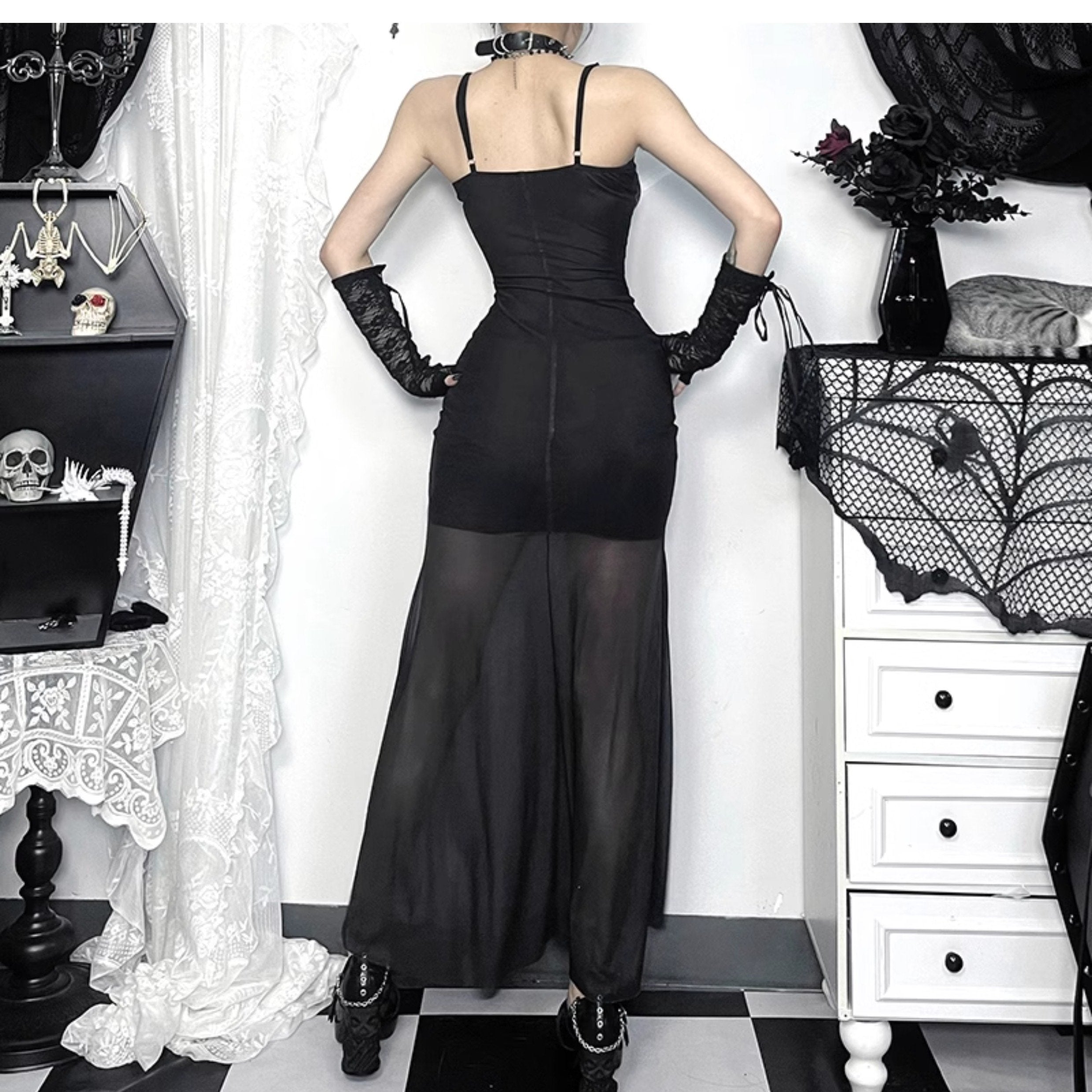 Human skeleton print mesh cami maxi dress