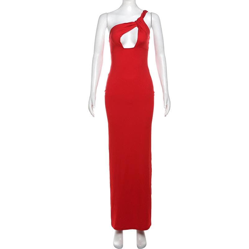 One shoulder ruched hollow out solid cami cut out maxi dress  | red tango dress