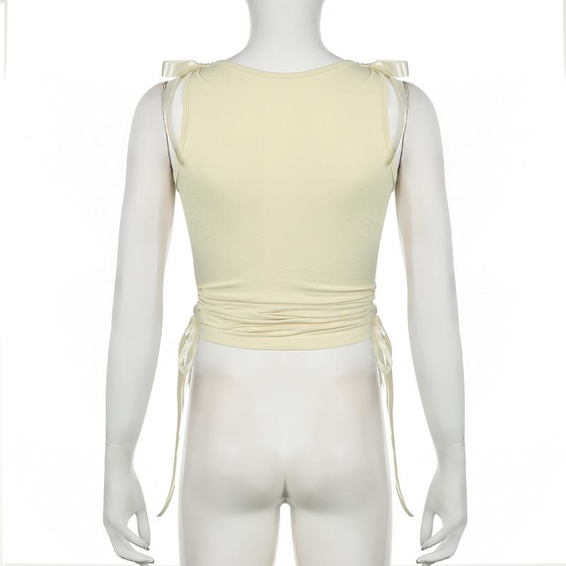 Bowknot ribbon ruched crewneck crop top