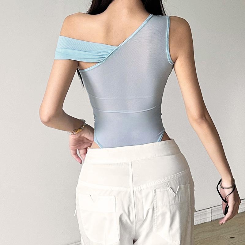 One shoulder ruched sheer mesh bodysuit