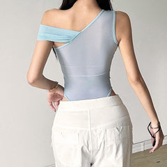 One shoulder ruched sheer mesh bodysuit