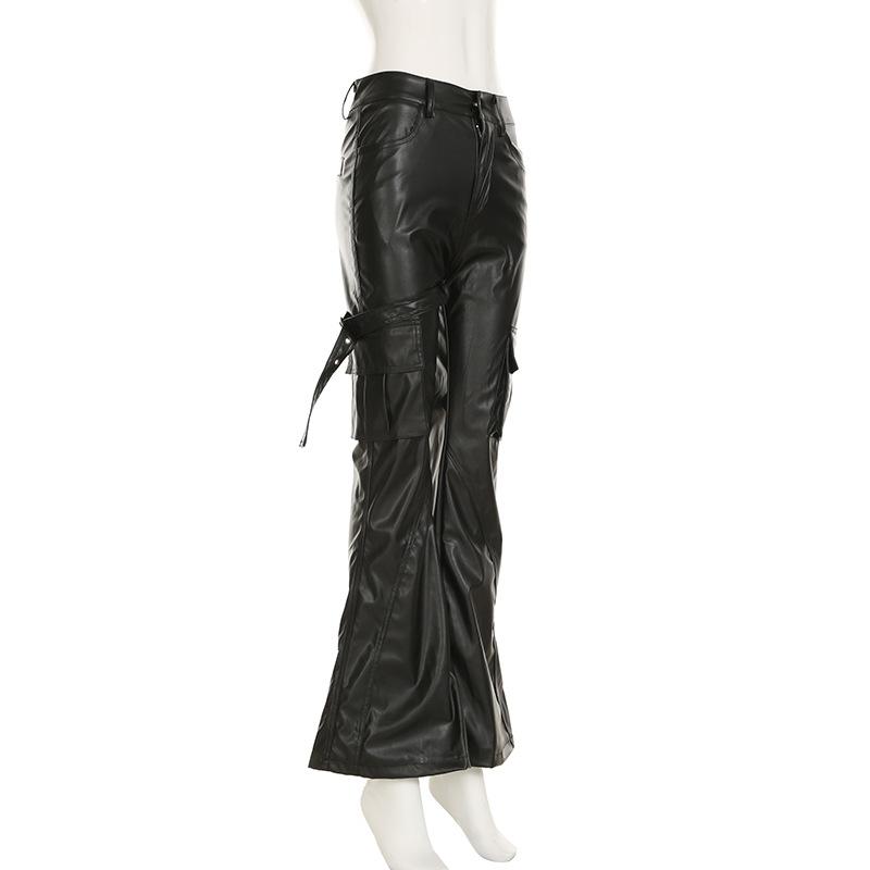 PU leather buckle pocket high rise pant