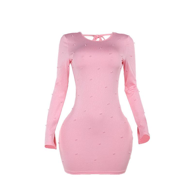 Crewneck long sleeve beaded backless mini dress