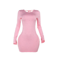 Crewneck long sleeve beaded backless mini dress