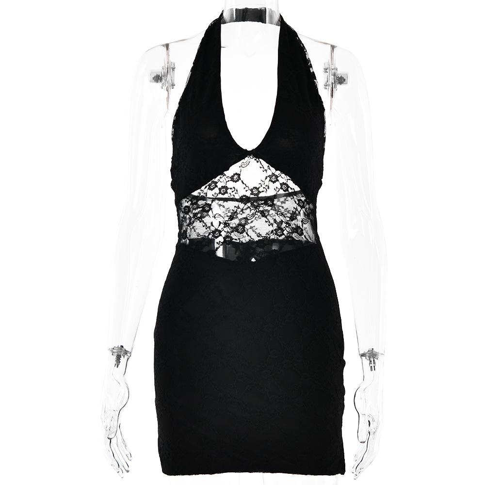 Halter lace patchwork v neck backless mini dress