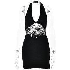 Halter lace patchwork v neck backless mini dress