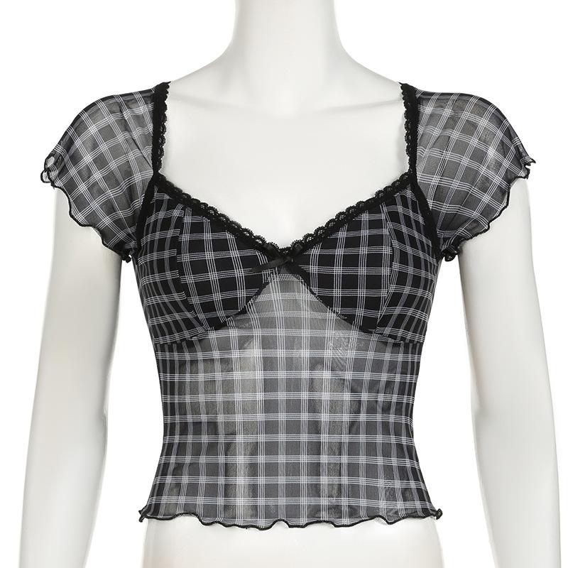 Short sleeve plaid lace hem bowknot mesh top